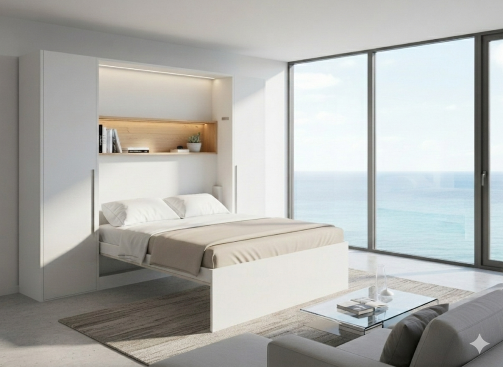 Opklapbed Romacé type Diversa. Wit luxueus opklapbed met houten nis binnenin.