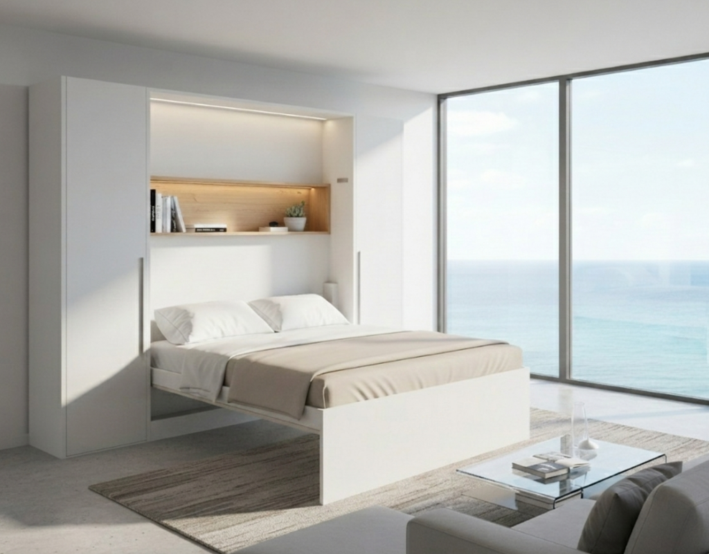 Opklapbed Romacé type Diversa. Wit luxueus opklapbed met houten nis binnenin.