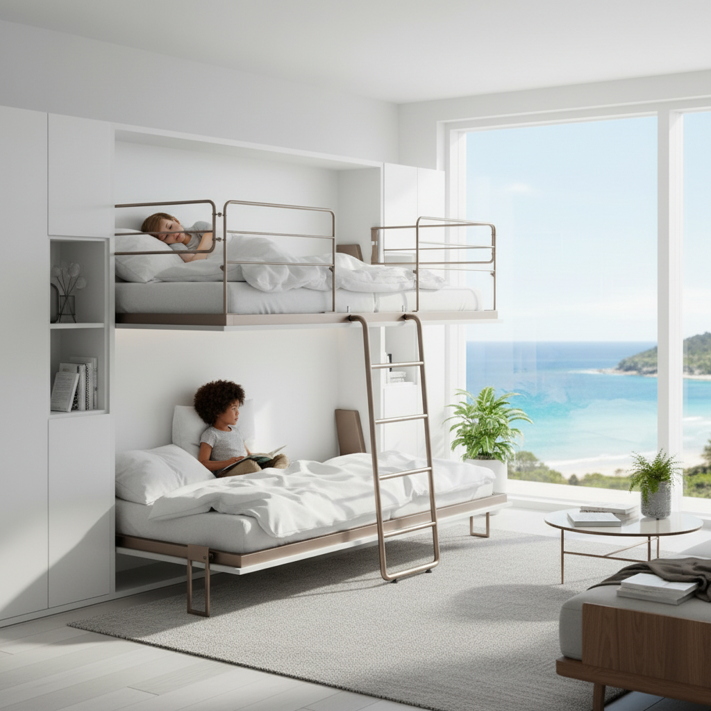 Romacé stapelopklapbed type Litera in wit in modern appartement.
