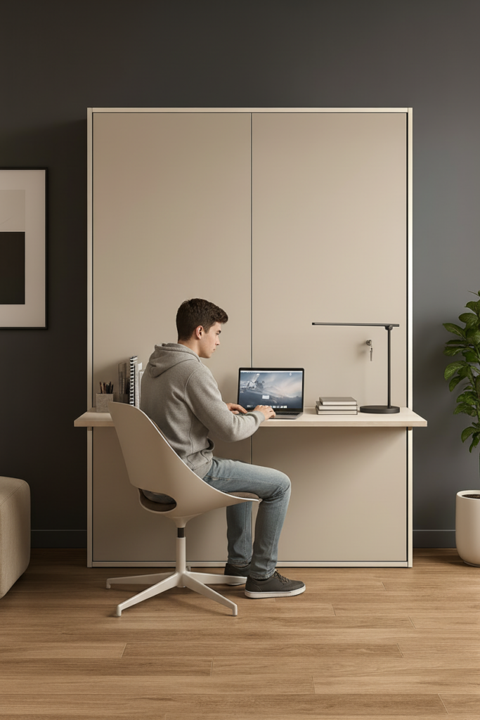 Opklapbed type Vertica van Romacé met bureau op maat aan