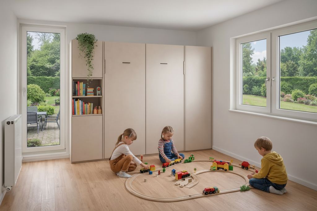 Opklapbed type Vertica van Romacé met 2 kasten naast