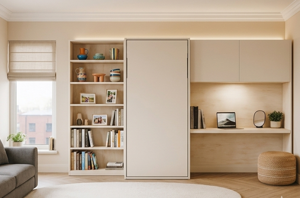 Wand in living bestaande uit bureau met bovenkast, een 1 persoons opklapbed type Vertica van Romacé en een open bibliotheekkast.